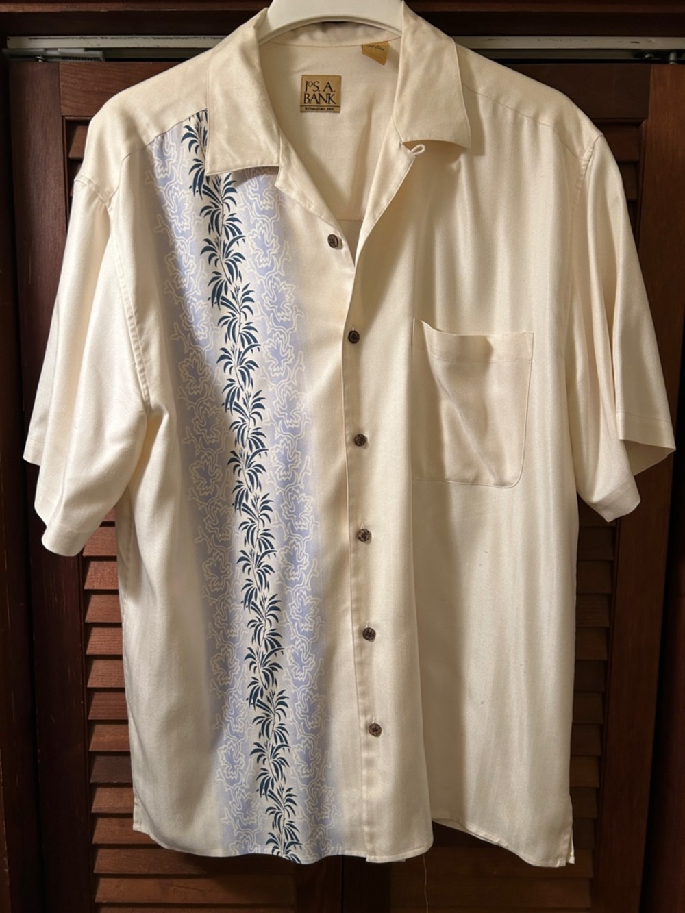 Mens Joseph A Bank 100% Silk Shirt Sleeve Shirt Ivory and Light and Dark Blue